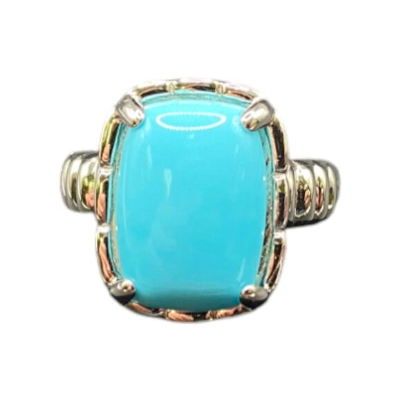 Turquoise 925 Sterling Silver Ring Gemstone Prong Set Rectangle DK Size 7.5 - Picture 2 of 14